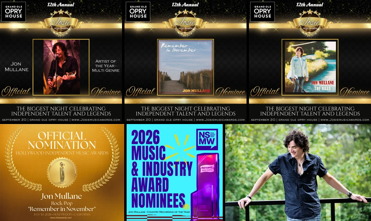Collage of 2026 award nomination graphics: three Josie Music Awards nominations, a Hollywood Independent Music Awards nomination, and a Nova Scotia Music Week nomination